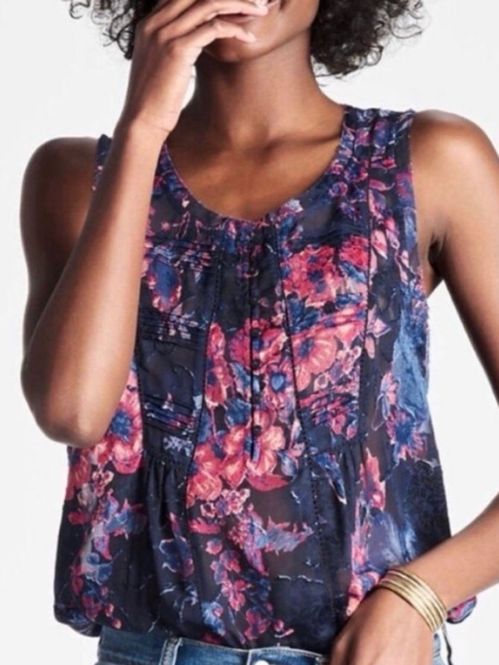 LUCKY BRAND Audrey Navy Floral Chiffon Sleeveless Henley Tank--NEW--M
